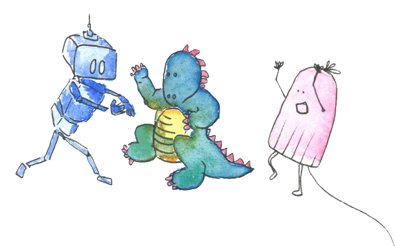 Eine Collage mehrerer gezeichneter Figuren. Darunter ein Geist, ein Roboter und ein Drache.