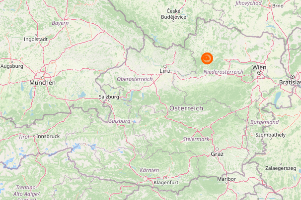 Eine Österreichkarte auf der Ottenschlag eingezeichnet ist. Ottenschlag liegt in Niederösterreich in der Nähe von Zwettel und St. Pölten