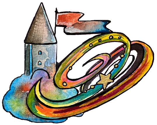 Gezeichnettes Bild von einem Schlossturm auf einer bunten Wolke. Aus dem Schlosstor ragt ein bunte Spirale welche einen magischen Riss durch Raum und Zeit darstellt.