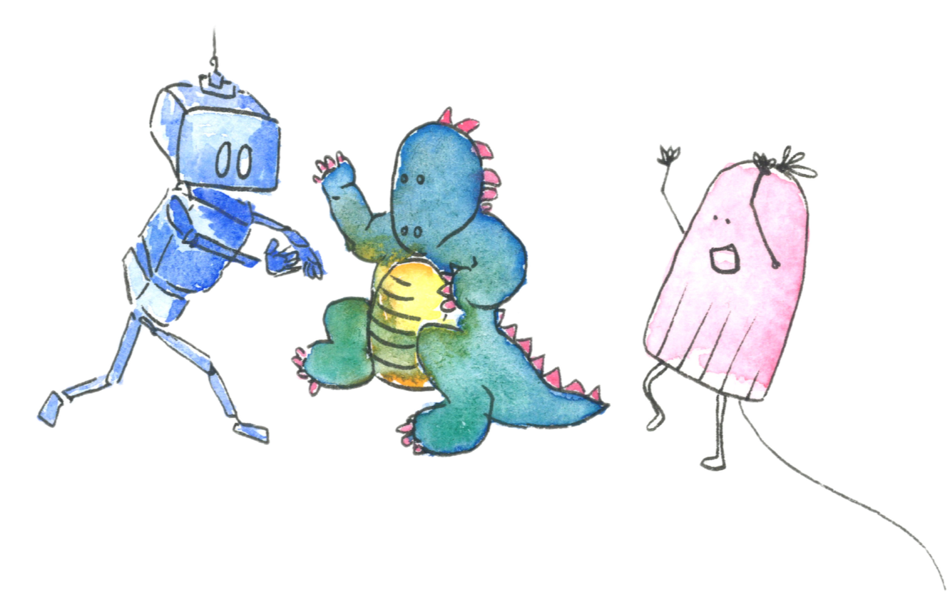 Eine Collage mehrerer gezeichneter Figuren. Darunter ein Geist, ein Roboter und ein Drache.